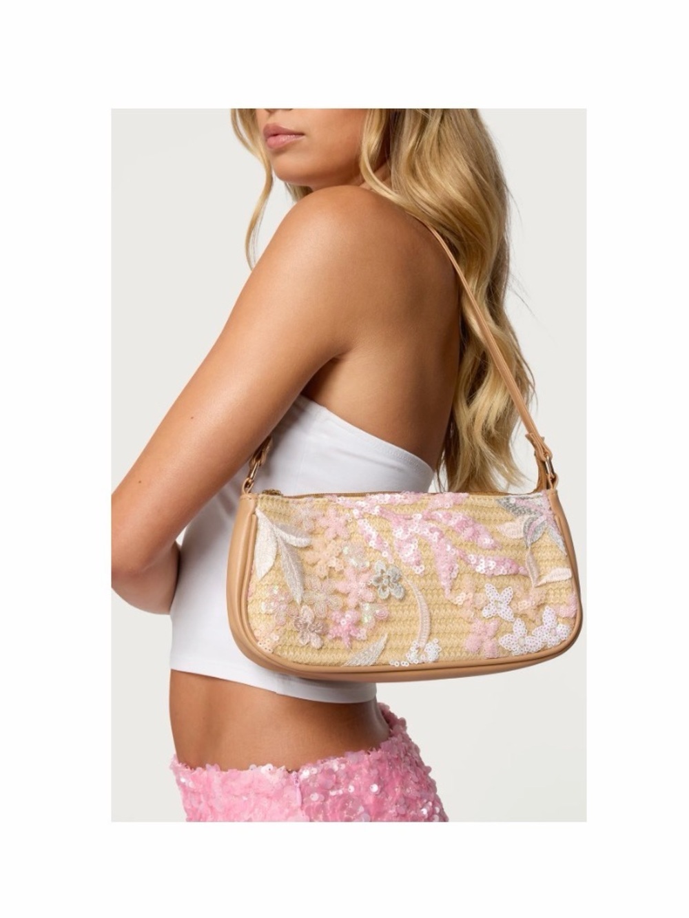Edikted Pink & Tan Embroidered Straw Shoulder Bag